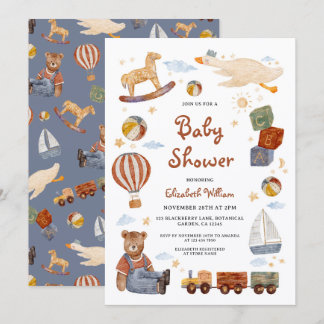 Invitación Juguetes Antiguos Oso Niño Baby Shower