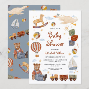 Invitación Juguetes Antiguos Oso Niño Baby Shower