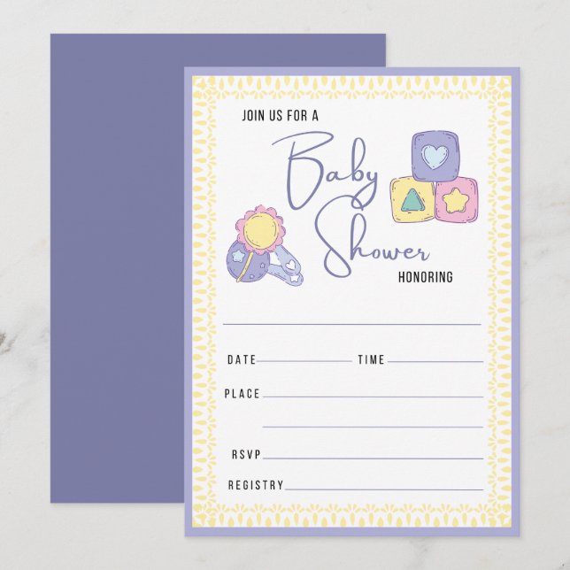 Invitación Juguetes bebé coloridos | Baby Shower Complete (Anverso / Reverso)