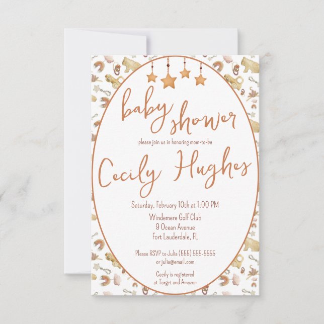 Invitación Juguetes Bohemios Madera Natural, Eco Baby Shower (Anverso)