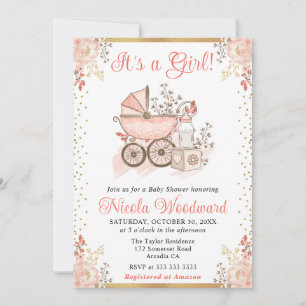 Invitación Juguetes Chica rosa acuarela y Pram Baby Shower