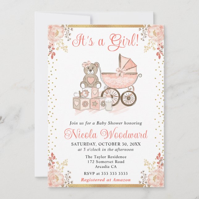 Invitación Juguetes Chica rosa acuarela y Pram Baby Shower (Anverso)