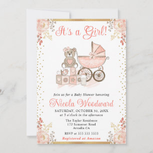 Invitación Juguetes Chica rosa acuarela y Pram Baby Shower