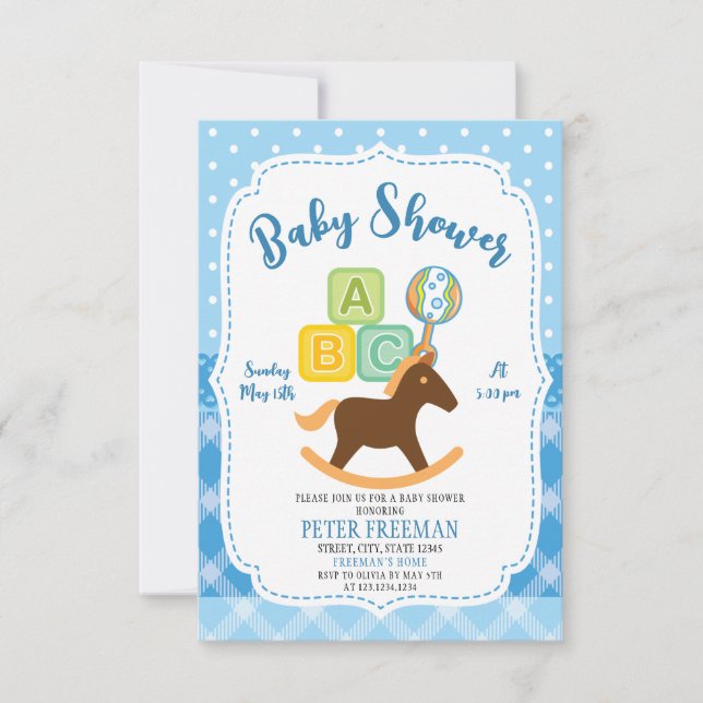 Invitación Juguetes Cute Blue and White Boy Baby Shower (Anverso)