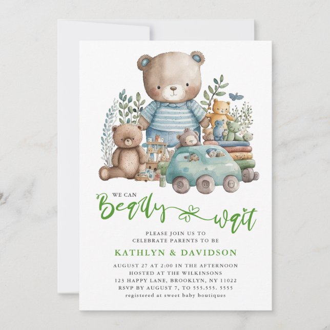 Invitación Juguetes de animales de bosque azul Cute Script Ba (Anverso)