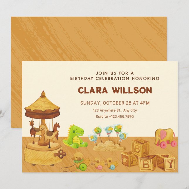 Invitación Juguetes de madera juguetones de cumpleaños (Anverso / Reverso)