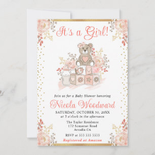 Invitación Juguetes de niña de acuarela rosa para baby shower