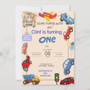 Invitación Juguetes de vehículos para el primer cumpleaños