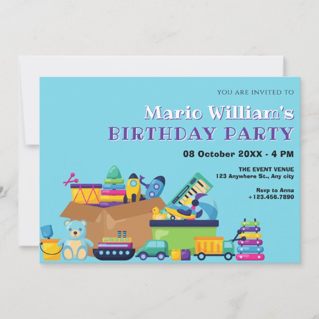 Invitación Juguetes juguetones azules cumpleaños de bebé (Anverso)