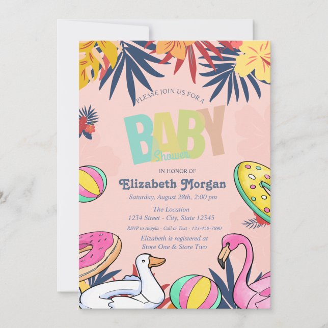 Invitación Juguetes para Piscina Fiesta Bebé Hibisco (Anverso)