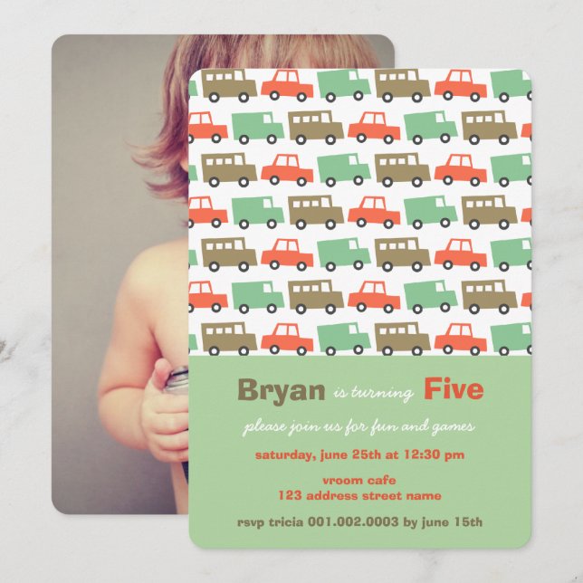 Invitación Juguetes retro foto transporte 5 cumpleaños fiesta (Anverso / Reverso)