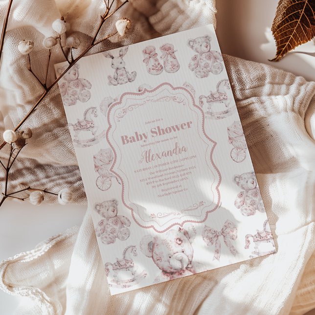Invitación Juguetes rosados Toile De Jouy Baby Shower (Subido por el creador)
