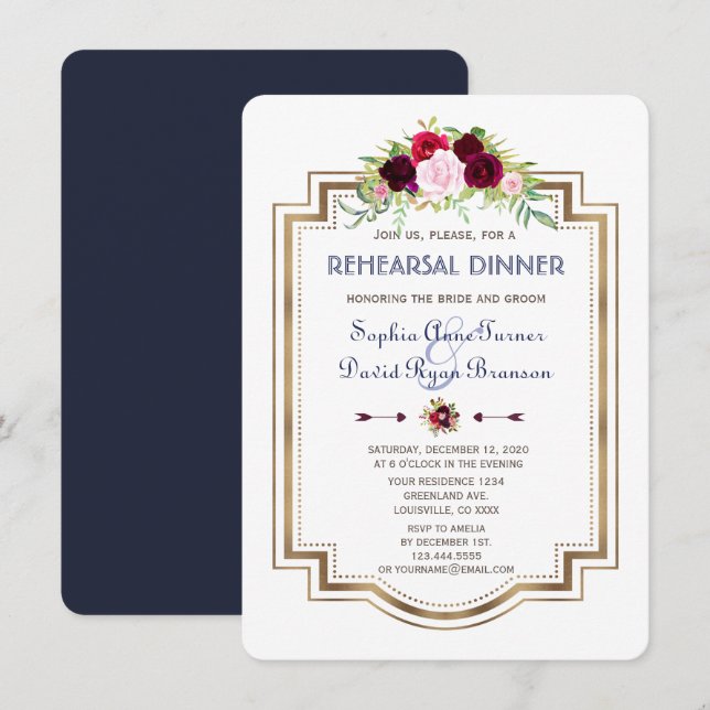 Invitación Juicio de otoño floral de Navy Blue Marsala Cena (Anverso / Reverso)