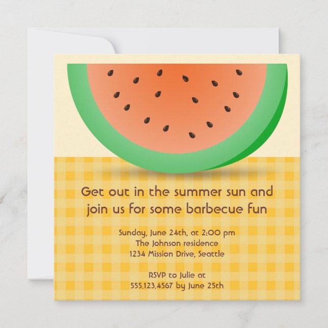 Invitación Juicy watermelon slice gingham verano picnic fiest (Anverso)