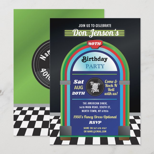 Invitación Jukebox Birthday Music 40th Diner Fifties Retro (Anverso / Reverso)