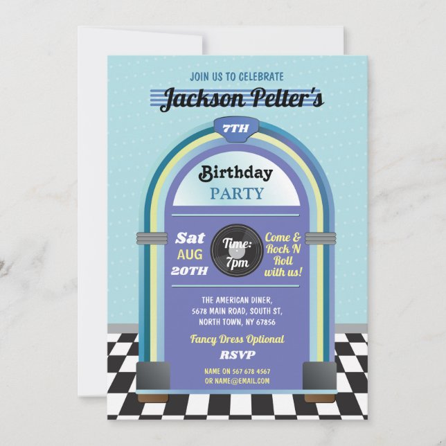 Invitación Jukebox Birthday Music Blue Diner Cincuenta Retro (Anverso)