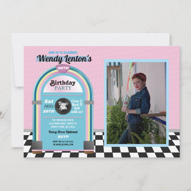 Invitación Jukebox Diner cumpleaños cincuenta retro foto de m (Anverso)