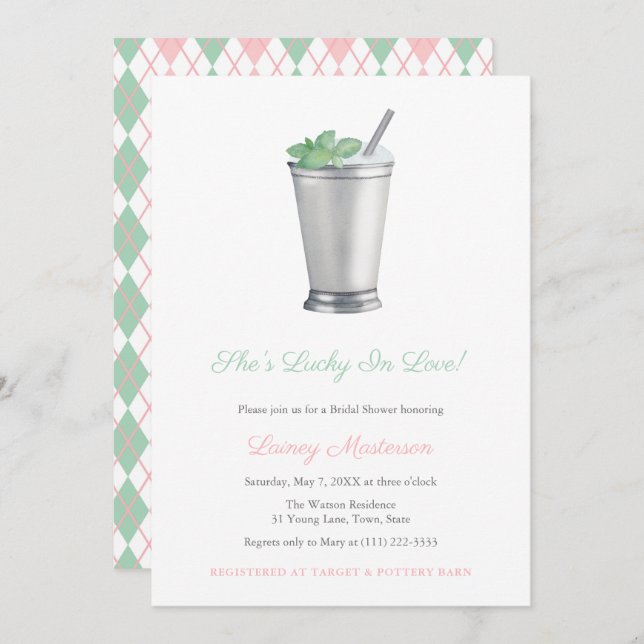 Invitación Julep de menta pintado a mano Argyle Derby Bridal  (Anverso / Reverso)