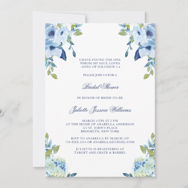 Invitación Juliette Elegant Floral Dusty Blue Bridal Shower (Anverso)