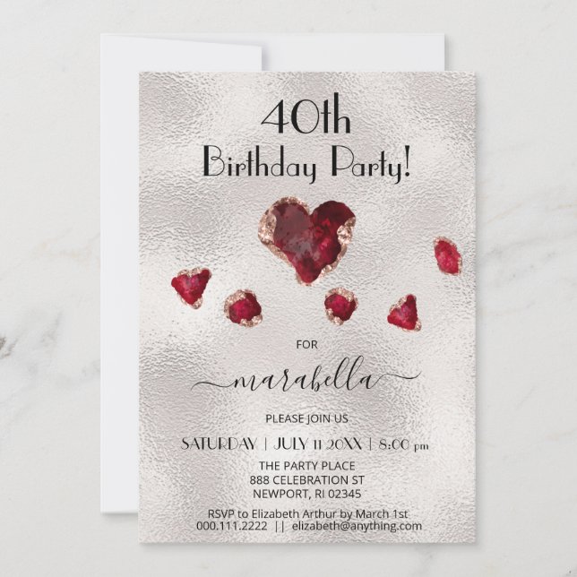 Invitación *~* JULY RUBY Birthstone Heart Rosa Gold (Anverso)
