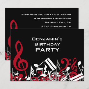 Invitación Jumble Music Notes Red Gray White Birday Party