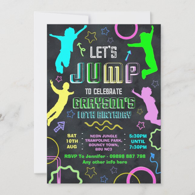 Invitación Jump birthday invitations, trampolining party (Anverso)