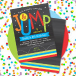 Invitación Jump Birthday Party Colorful Chalkboard<br><div class="desc">¡Este diseño de cumpleaños es perfecto para un fiesta de salto o una fiesta de cumpleaños en casa de rebote! Presenta colores primarios brillantes en un fondo de pizarra acentuado con puntos y estrellas. En nuestra tienda encontrará colores adicionales y toda la colección correspondiente. Contáctenos si necesita este diseño aplicado...</div>
