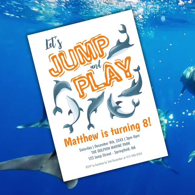 Invitación Jump Play Dolphin Park Niños Fiesta Naranja Cumple (Jump Play Dolphin Park Kids Party Orange Birthday Invitation)