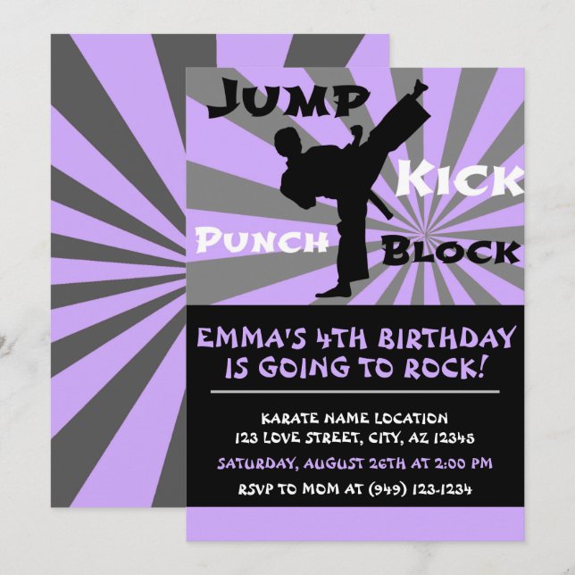 Invitación Jump Punch Kick Block Karate Fiesta Cumpleaños (Anverso / Reverso)