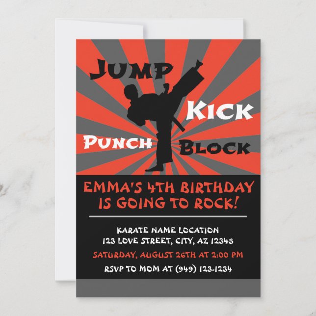 Invitación Jump Punch Kick Block Karate Fiesta Cumpleaños (Anverso)