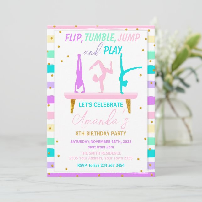 Invitación Jump Tumble and Play Gymnastics Birthday Party (Anverso de pie)