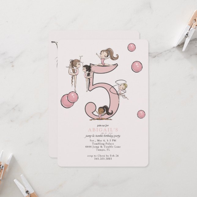 Invitación Jump & Tumble Gymnastics 5th Birthday Party (Anverso/Reverso In Situ)