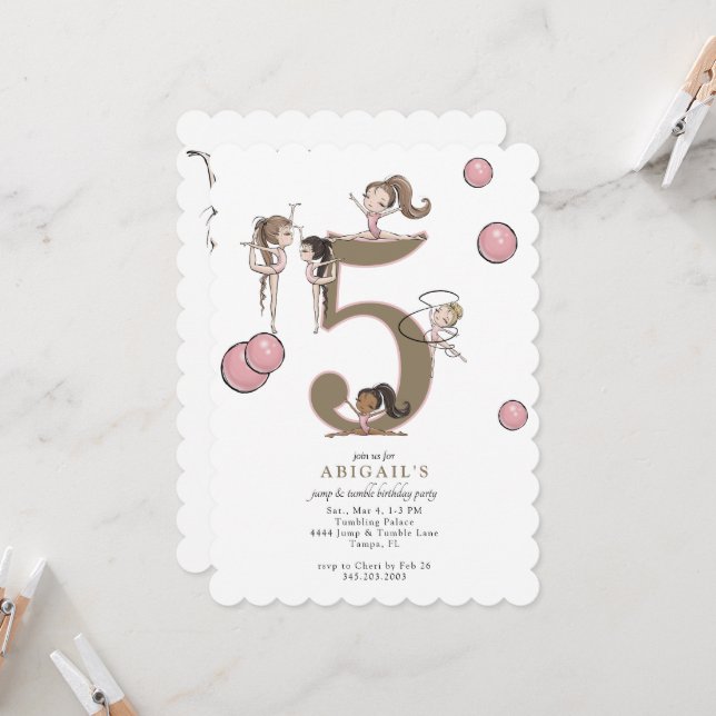 Invitación Jump & Tumble Gymnastics White 5th Birthday Party (Anverso/Reverso In Situ)