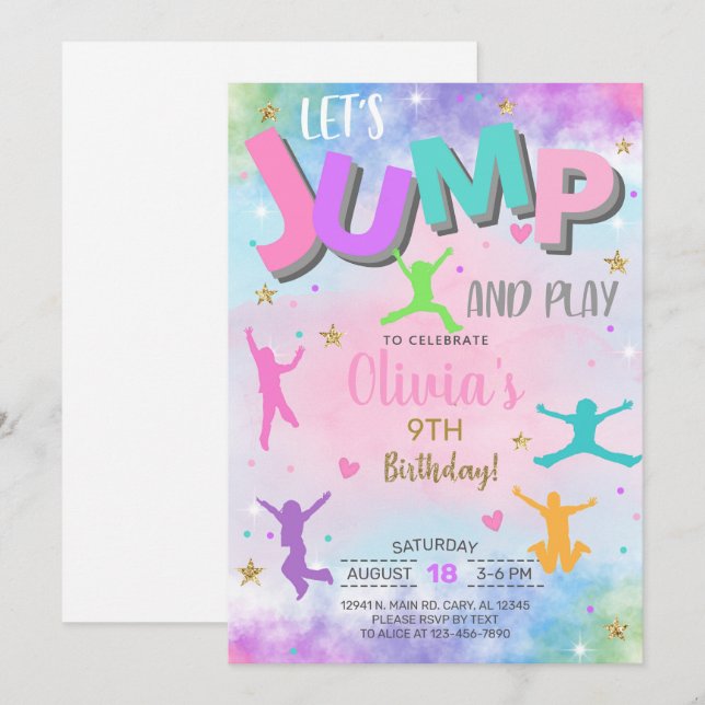 Invitación JUMP y Play chica invitamos a su cumpleaños. (Anverso / Reverso)