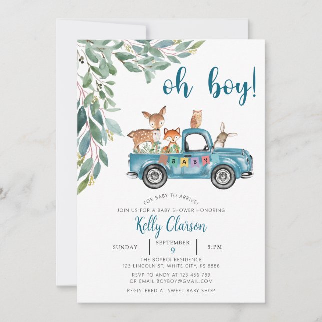 Invitación Jungla de animales "Car Oh Boy Baby Shower" (Anverso)