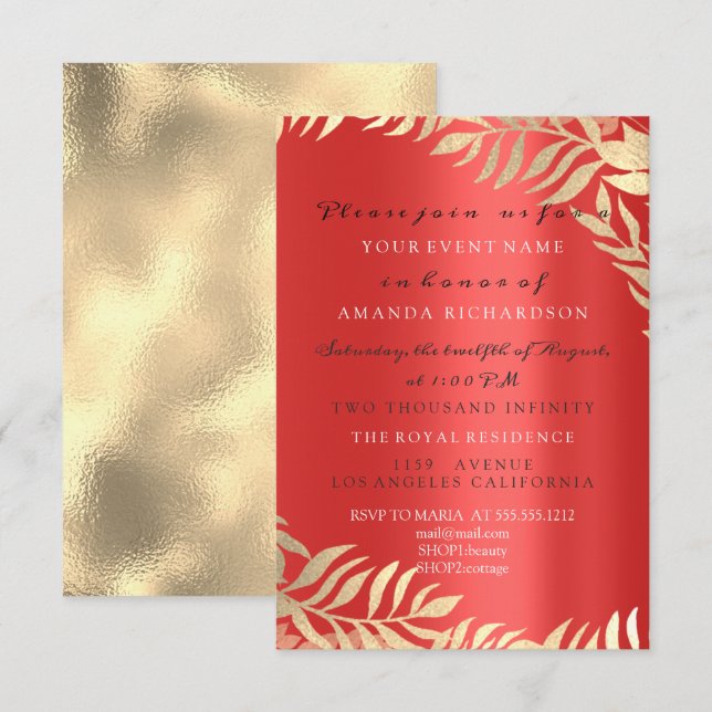 Invitación Jungla de oro rojo rubí oro elegante cumpleaños bo (Anverso / Reverso)