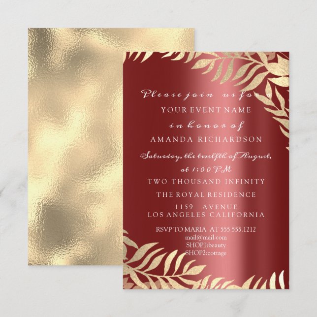 Invitación Jungla Dorada Burgundy Elegante Nupcial Cumpleaños (Anverso / Reverso)