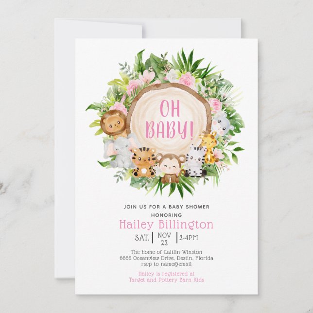 Invitación Jungla Safari Rosa Oh Baby Watercolor Baby Shower (Anverso)