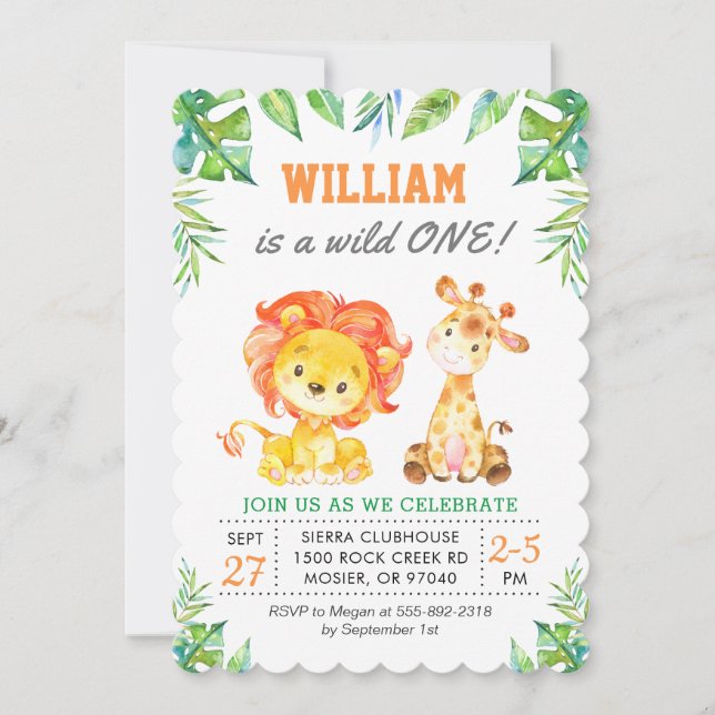 Invitación Jungla Safari Verde Primera fiesta de cumpleaños (Anverso)