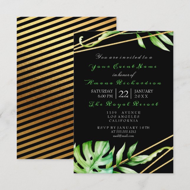 Invitación Jungla tropical Fiesta blanco negro franjas lujo (Anverso / Reverso)