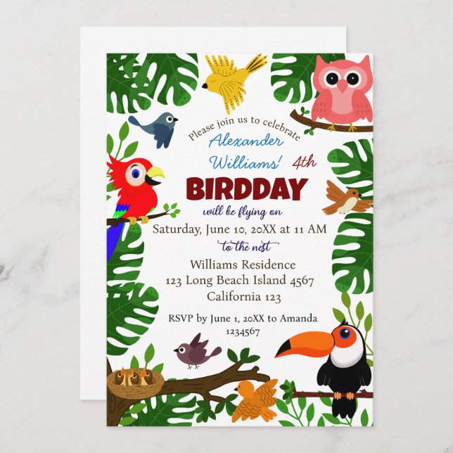 Invitación Jungla Tropical Verano Verano Niños Aves Cumpleaño (Anverso / Reverso)