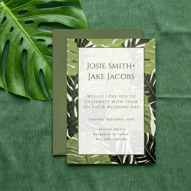 Invitación Jungla verde audaz y moderna deja a Boda Invitati (Bold & Modern Green Jungle Leaves Wedding Invitation.)