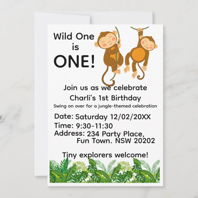Invitación Jungle 1st Birthday Invitation | Wild One First  (Anverso)