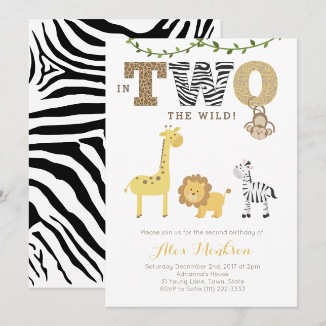 Invitación Jungle 2º cumpleaños invita, Monkey Giraffe Zebra (Anverso / Reverso)