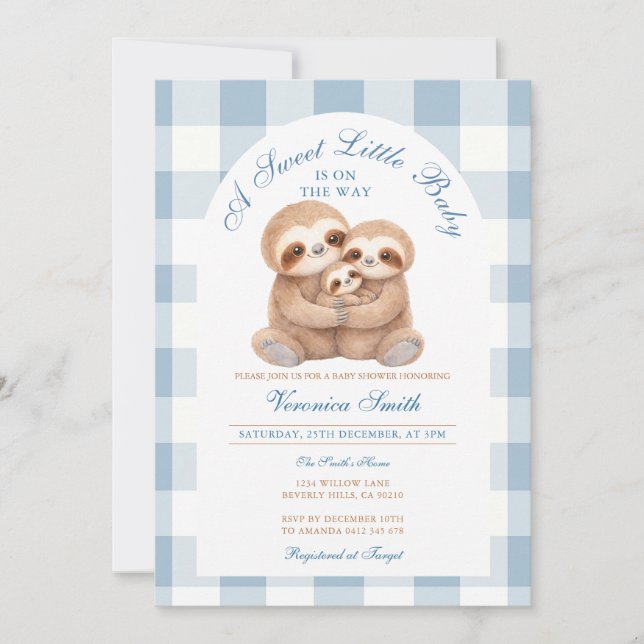 Invitación Jungle Animal Blue Gingham Sloth Couples Shower (Anverso)