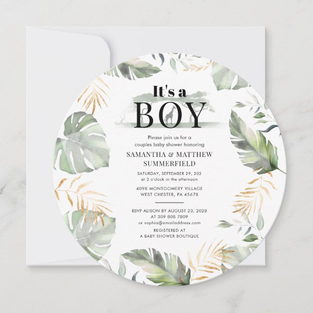 Invitación Jungle Animal Botanico Moderno Boy Baby Shower (Anverso)