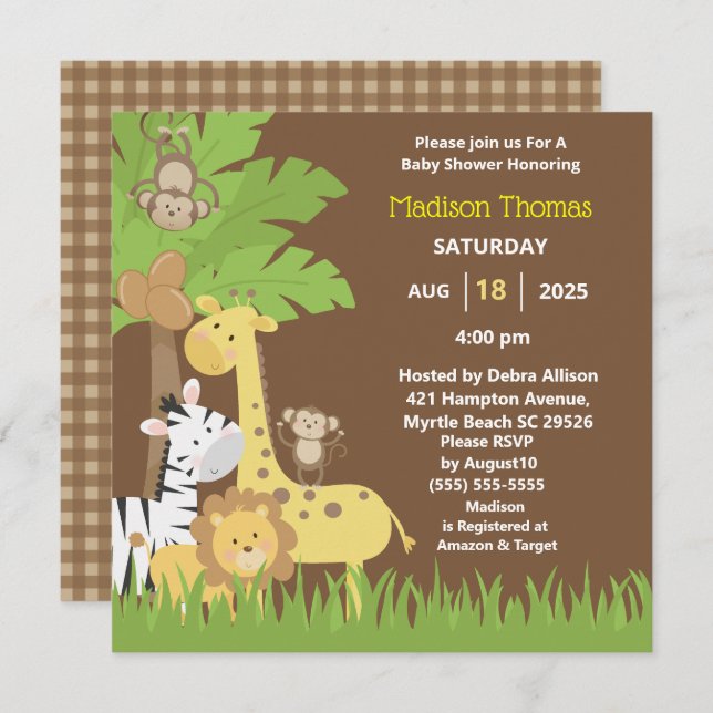Invitación Jungle Animales Brown Safari Boy Baby Shower I (Anverso / Reverso)