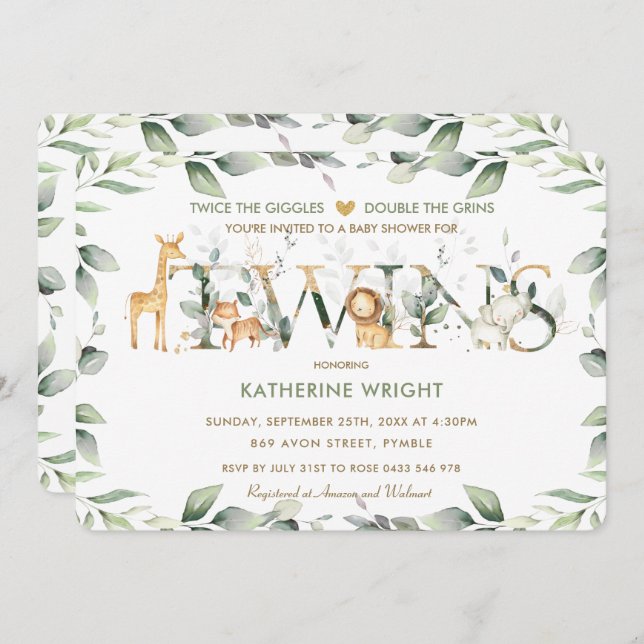 Invitación Jungle Animales Greenery Twins Neutral Baby Shower (Anverso / Reverso)