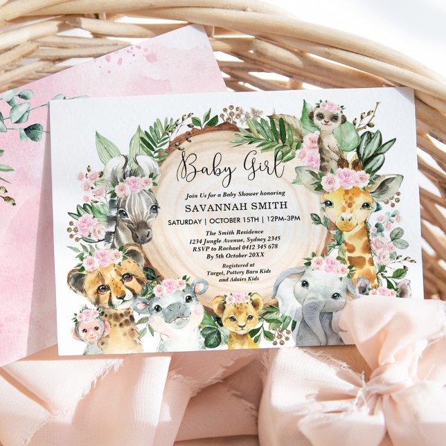 Invitación Jungle Animales Rosa Rubor Floral Baby Shower (Subido por el creador)