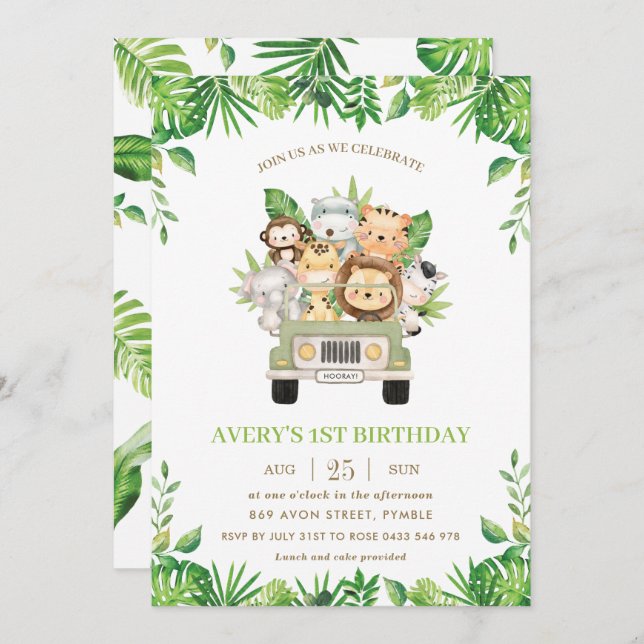 Invitación Jungle Animales Safari Car Greenery 1er cumpleaños (Anverso / Reverso)